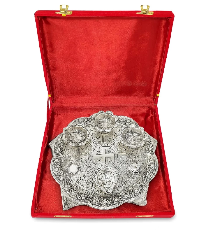 Bengalen Pooja Set with Diya Silver Plated and Red Velvet Gift Box Puja Items Bengalen Pooja Set with Diya Silver Plated and Red Velvet Gift Box Puja Items-Pack Size-100 g