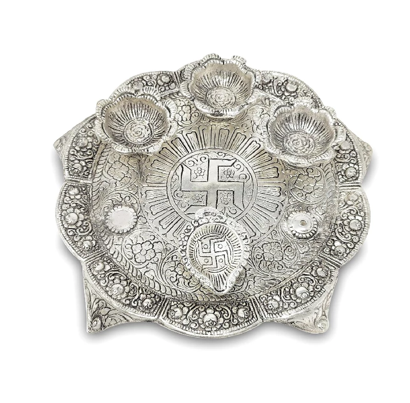Bengalen Pooja Set with Diya Silver Plated and Red Velvet Gift Box Puja Items - Image 2