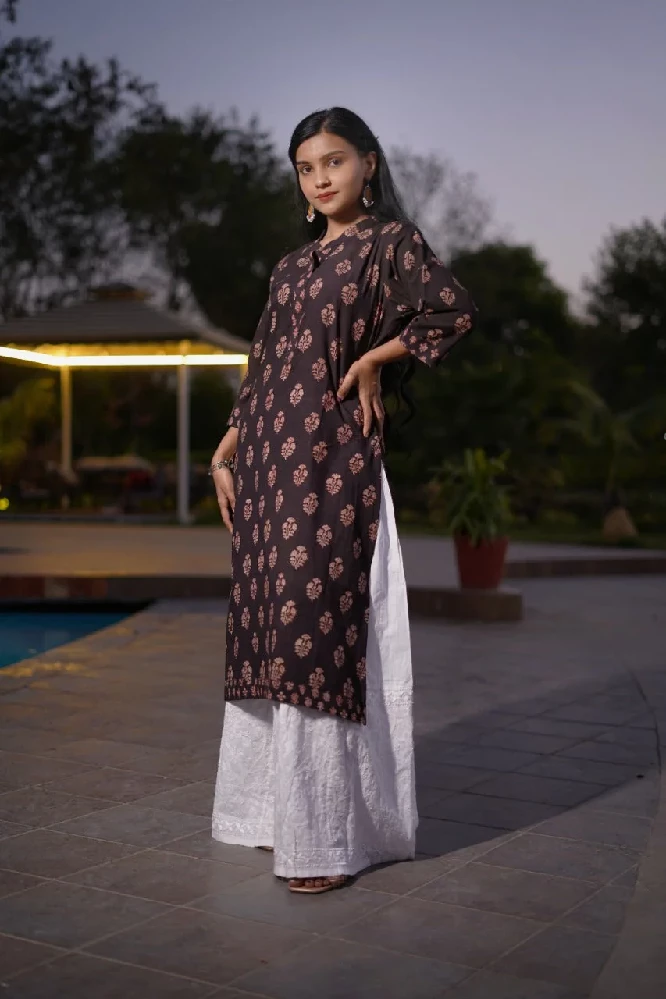 Black Bagru Hand Block-Print Cotton Kurti - Image 5
