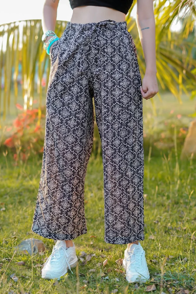 Black Cotton Parallel Pants with Bagru Hand-Block Print - Image 2