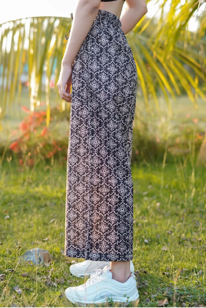 Black Cotton Parallel Pants with Bagru Hand-Block Print - Image 3