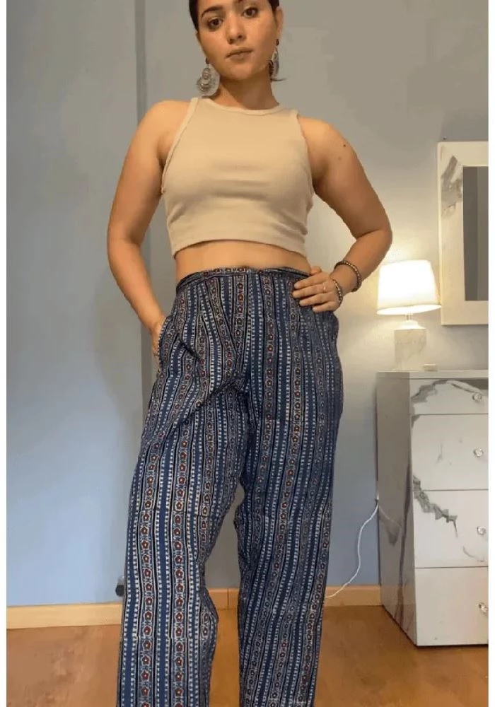 Blue Ajrakh Hand-Block Printed Handloom Cotton Pants