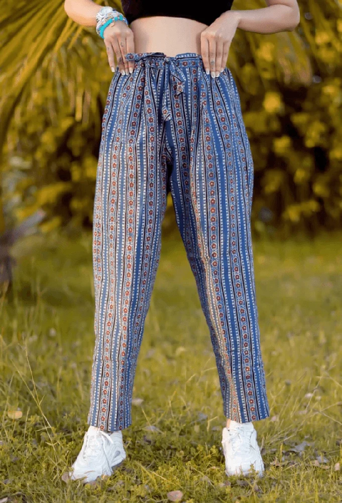 Blue Ajrakh Hand-Block Printed Handloom Cotton Pants - Image 2