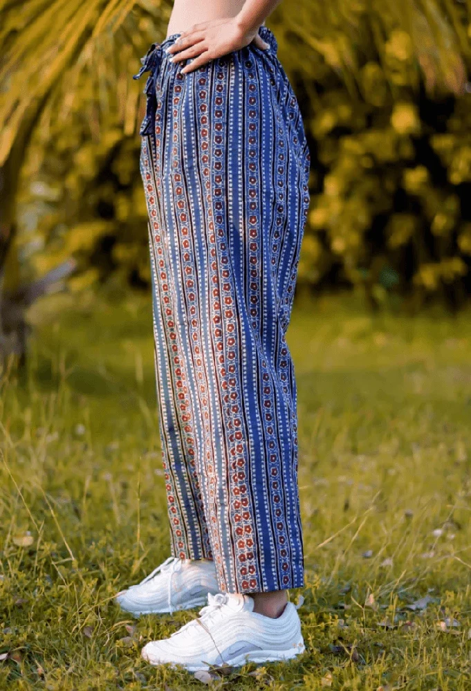 Blue Ajrakh Hand-Block Printed Handloom Cotton Pants - Image 3