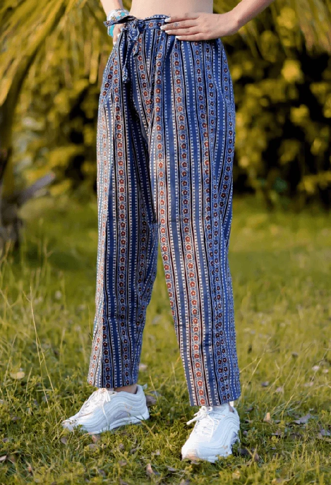 Blue Ajrakh Hand-Block Printed Handloom Cotton Pants - Image 4