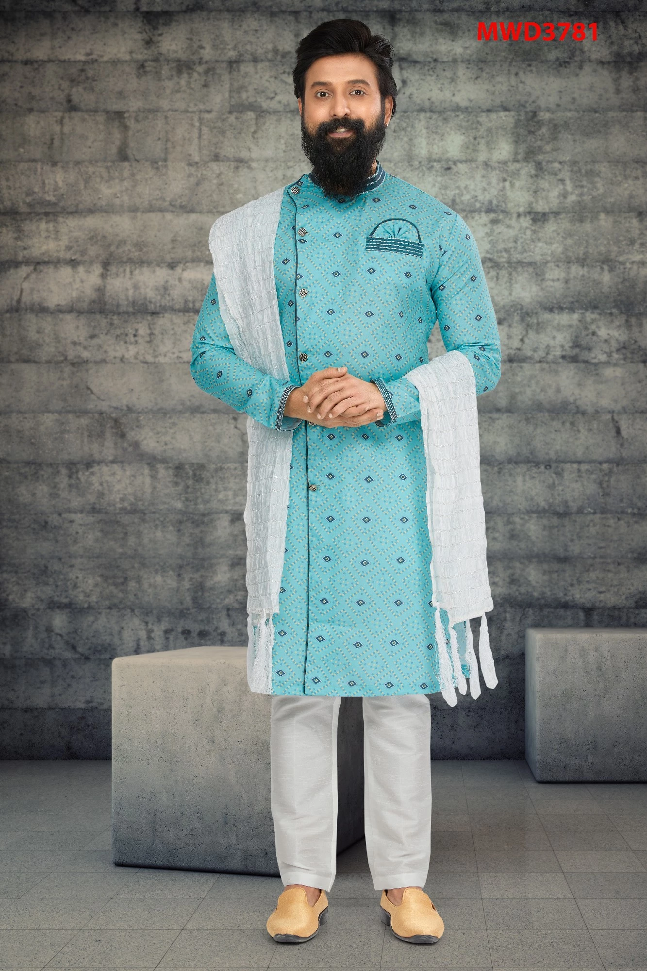 Blue Cotton Silk Indo Western Sherwani - Image 7