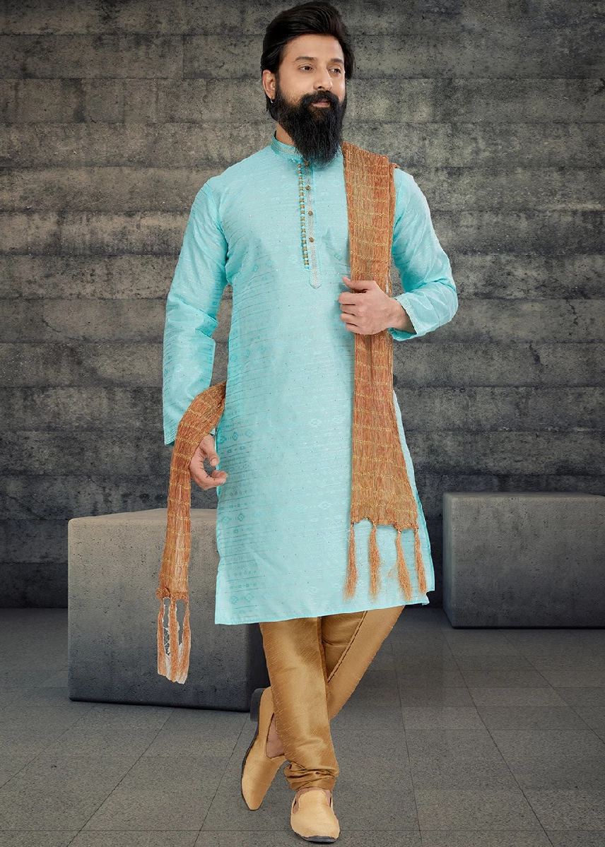 Blue Jacquard Kurta Pajama In Woven Work - Image 6
