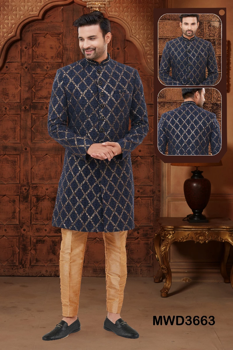 Blue Readymade Art Silk Sherwani With Zari Embroidery - Image 1