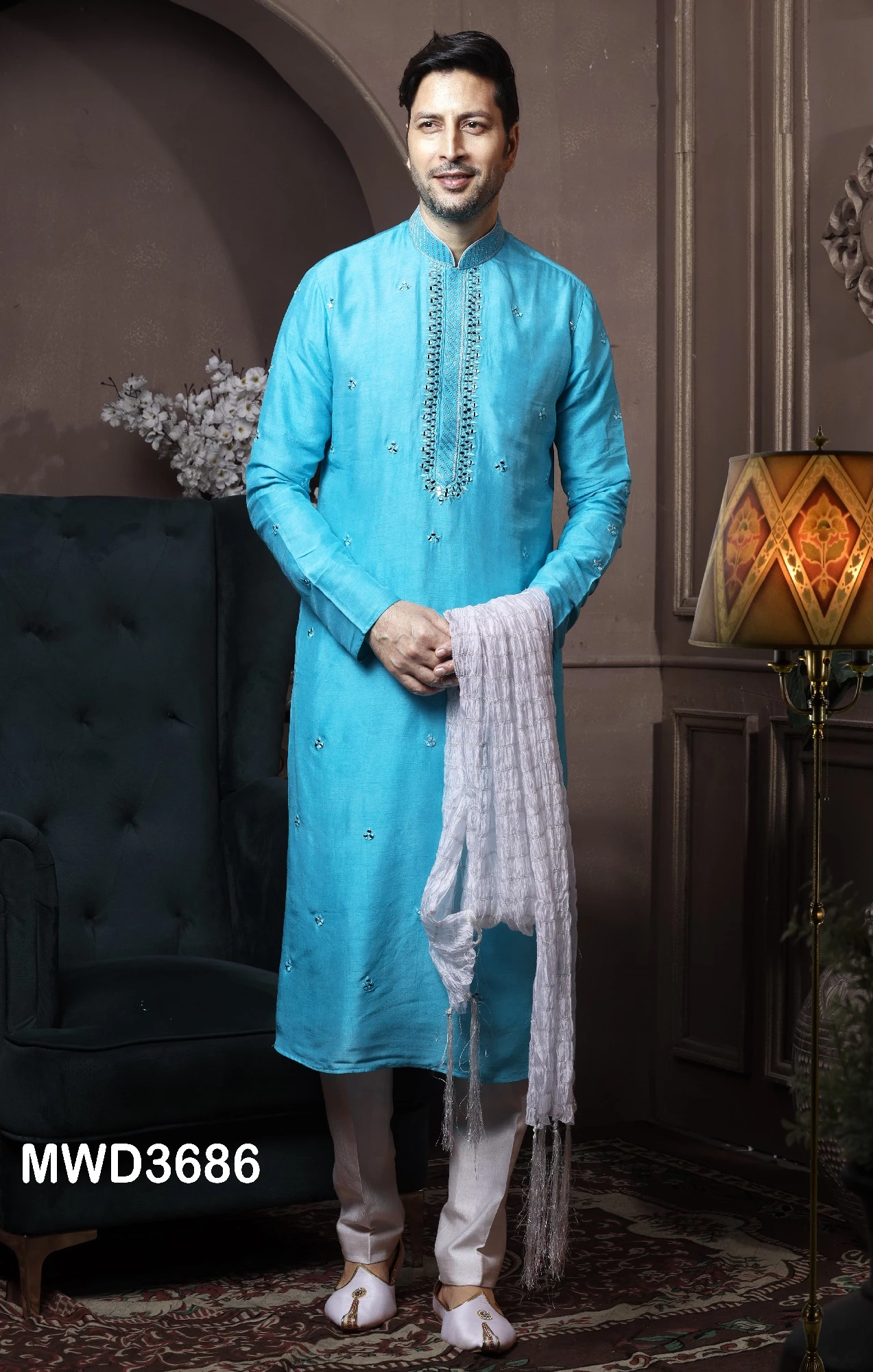 Blue Readymade Kurta Pyjama With Mirror Work - Image 1