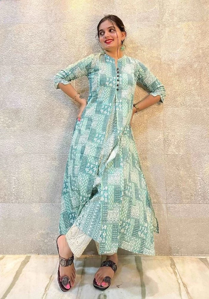 Blue With White Details Printed Cotton Kurti - Image 1
