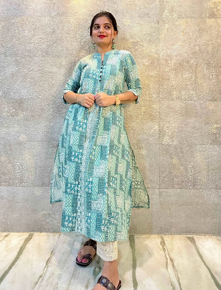 Blue With White Details Printed Cotton Kurti - Image 2