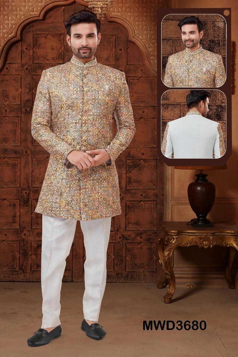 Brown Thread Embroidered Readymade Sherwani In Art Silk, image size:800x1200