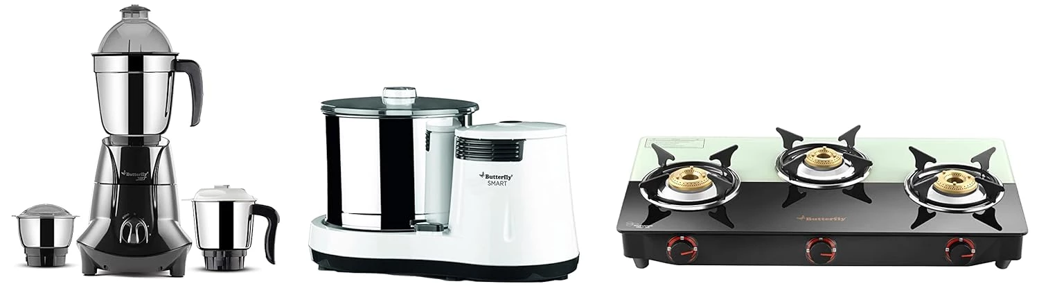 Butterfly 150 Watts Smart Wet Grinder & Jet Elite 750 Watt Mixer Grinder & Smart Plus Glass 3 Burner Gas Stove