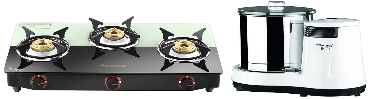 Butterfly 150 Watts Smart Wet Grinder & Smart Plus Glass 3 Burner Gas Stove