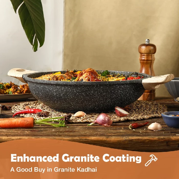 CAROTE 24cm/2.4L Non Stick Kadai, Induction Kadai, Granite Stone Kadhai with Lid, Deep Frying Pan, Kadai with Lid for Cooking, Biryani Pot - Image 5