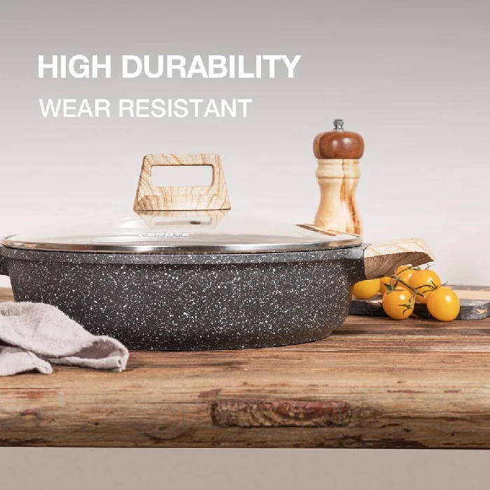 CAROTE 28cm/3.8L Non Stick Kadai, Induction Kadai, Granite Stone Kadhai with Lid Deep Frying Pan, Biryani Pot - Image 2