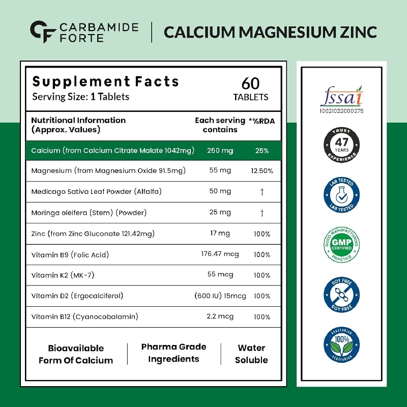 Carbamide Forte Calcium Magnesium & Zinc Tablets with Vitamin D, Vitamin K2-MK7 & Vitamin B12 - Image 2