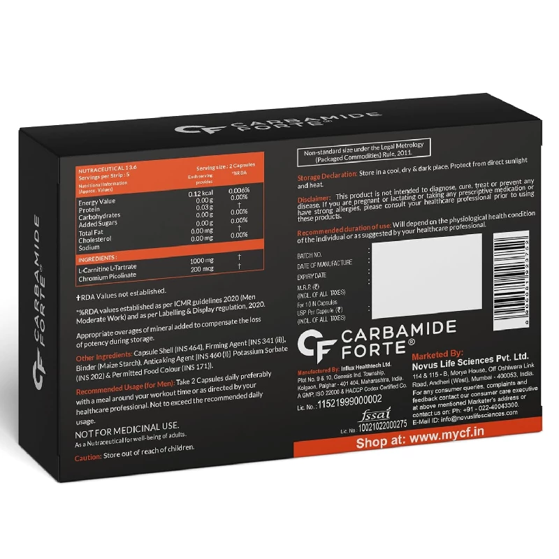 Carbamide Forte L-Carnitine L-Tartrate 1000mg Capsules for Men & Women - Image 7