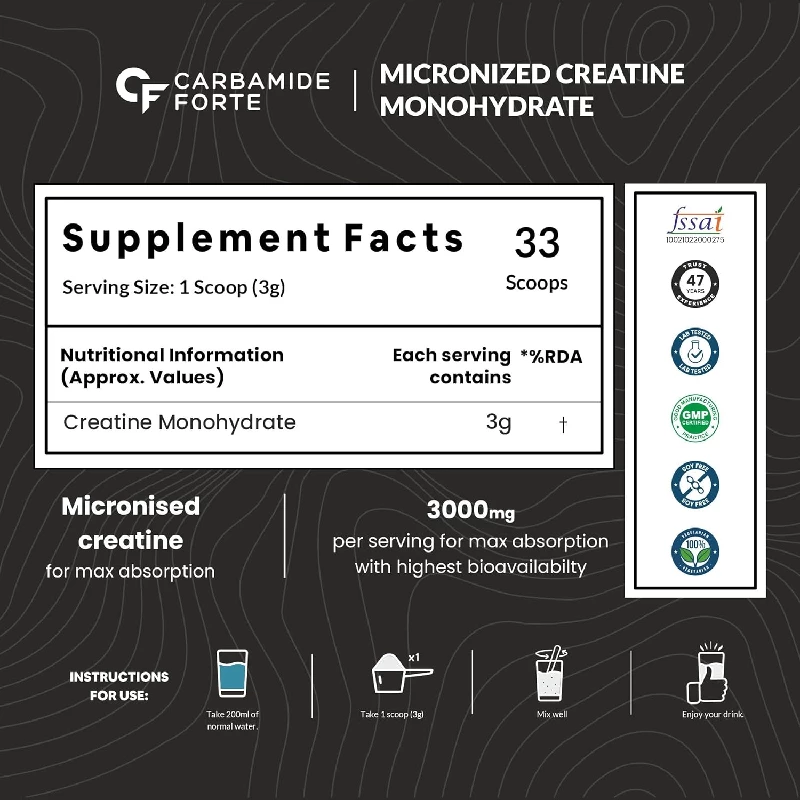 Carbamide Forte Micronised Creatine Monohydrate Powder Creatine Supplement for Lean Muscle Volumization, Strength & Energy - Unflavoured - 33 Servings - Image 2