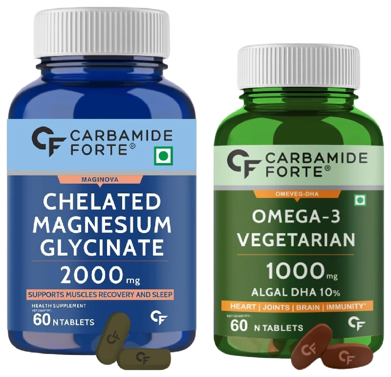 Carbamide Forte Veg Omega 3 Tablets & Carbamide Forte Chelated Magnesium Glycinate Supplement Combo Pack