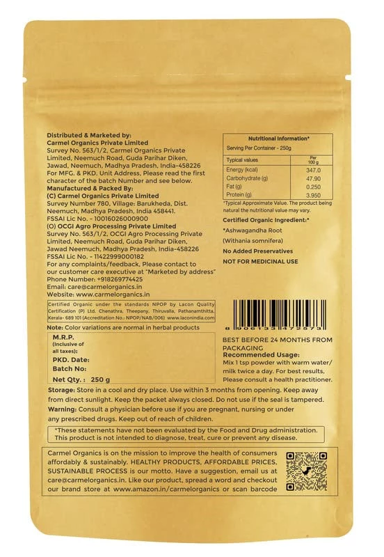 Carmel Organics Ashwagandha Root Whole - Image 2