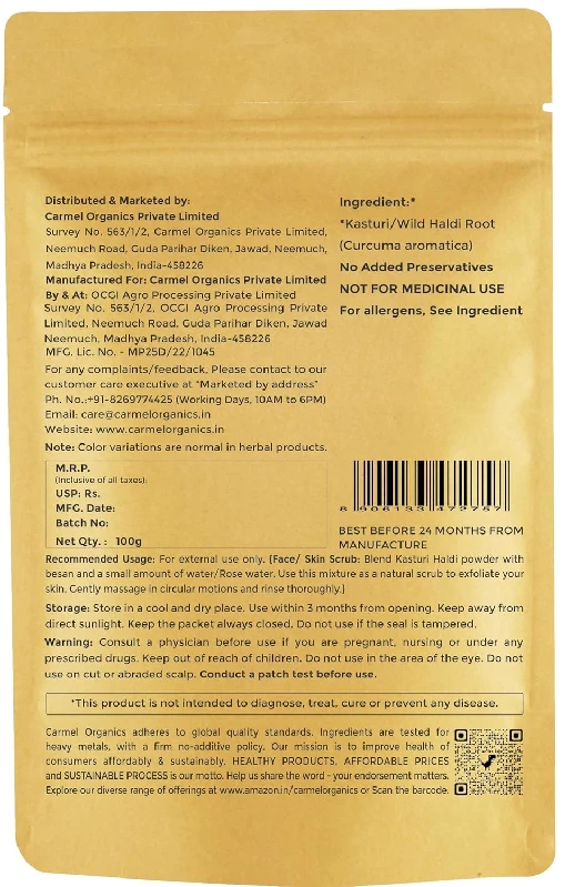 Carmel Organics Kasturi Haldi-Wild Turmeric Root Powder - Image 2