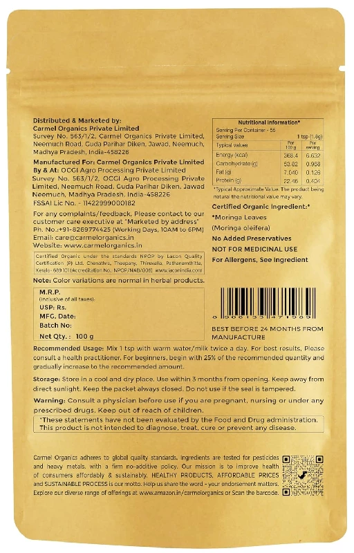 Carmel Organics Moringa Leaves Powder - Image 2