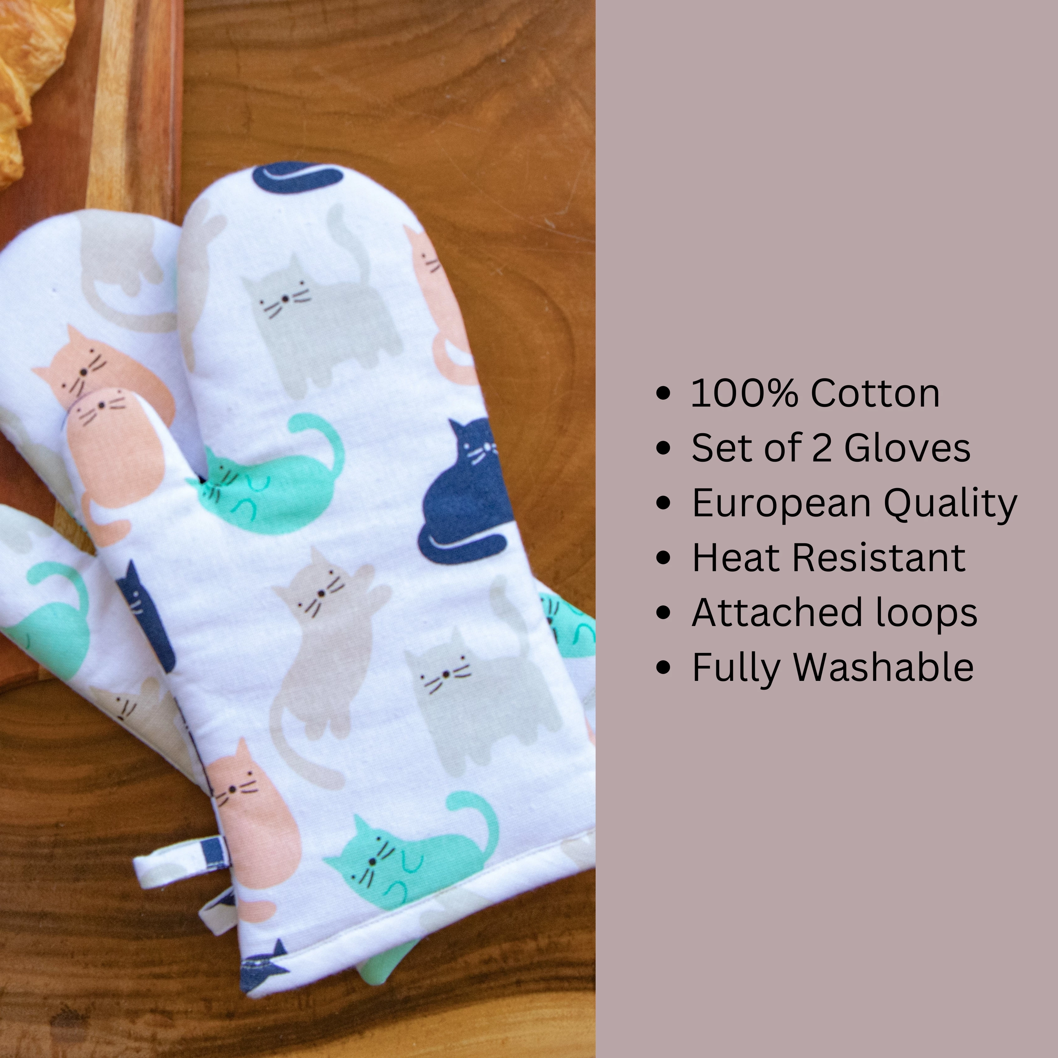 Oak & Lily Combo Set of Cat Print Apron, Microwave Oven Mittens & Pot Holders - Image 3