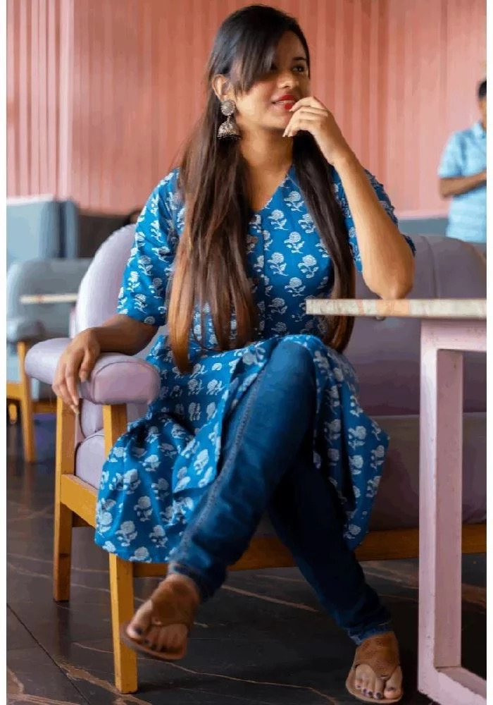 Cobalt Blue Sanganeri Hand Print Wrap Dress | The Desi Food