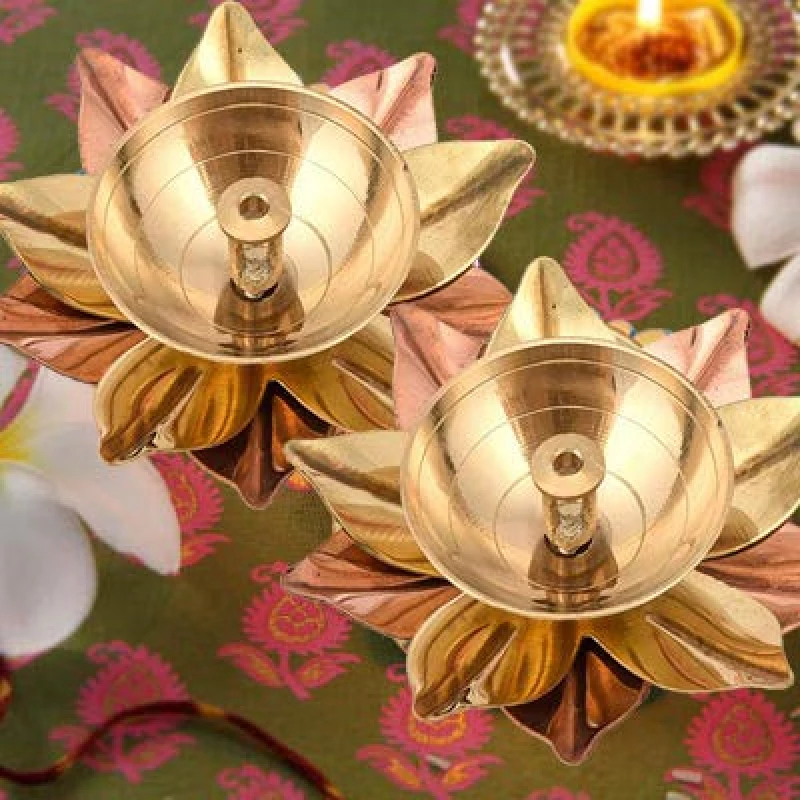 Collectible India Brass Diya Lamp Lotus Shape -Decorative Akhand Deepak for Pooja - Image 2