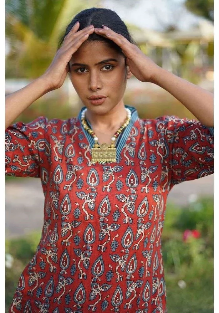 Cotton Ajrakh Hand Block Print Handloom Red-Kurti