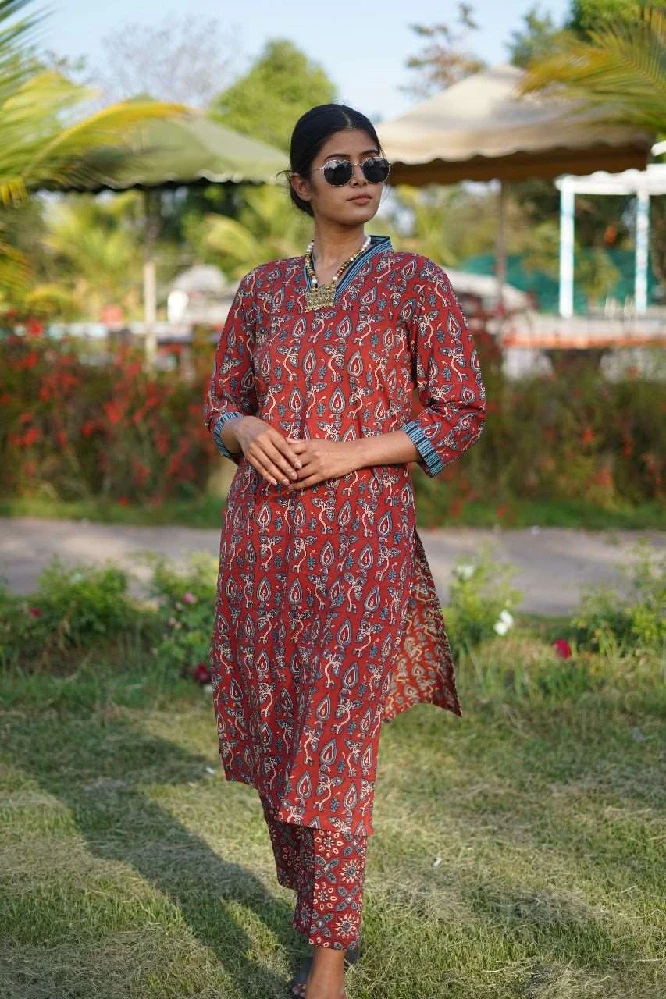 Cotton Ajrakh Hand Block Print Handloom Red-Kurti - Image 2