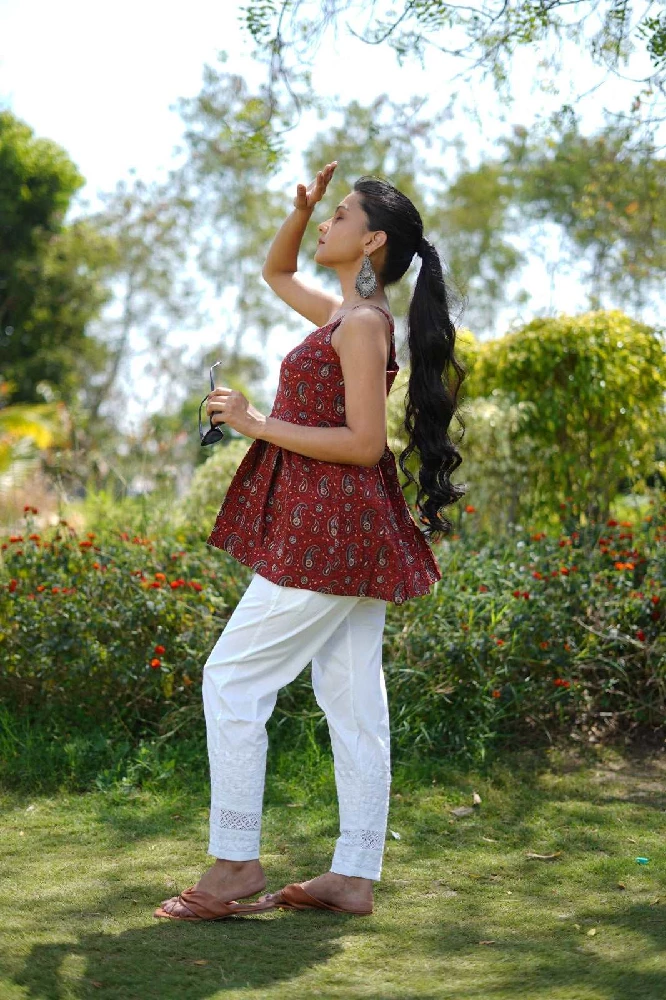 Cotton Ajrakh Hand-Block Print Red Handloom Top - Image 2