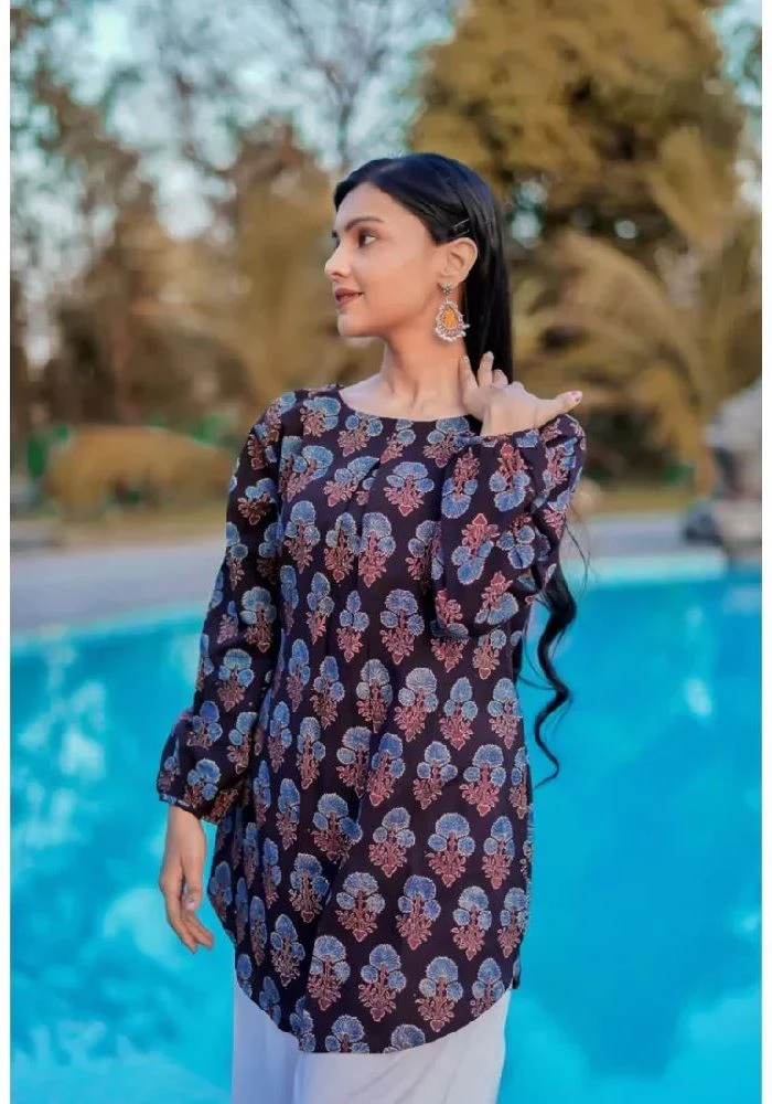 Cotton Ajrakh Hand-Block Printed Black Handloom Top