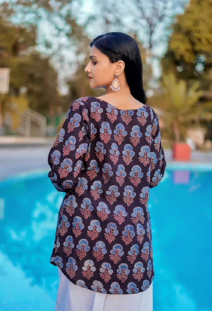 Cotton Ajrakh Hand-Block Printed Black Handloom Top - Image 2
