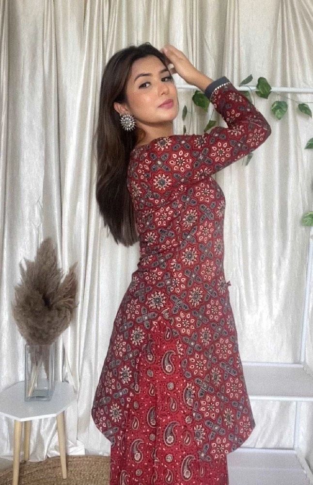 Cotton Ajrakh Hand-Block Printed Red Handloom Kurti Set - Image 2