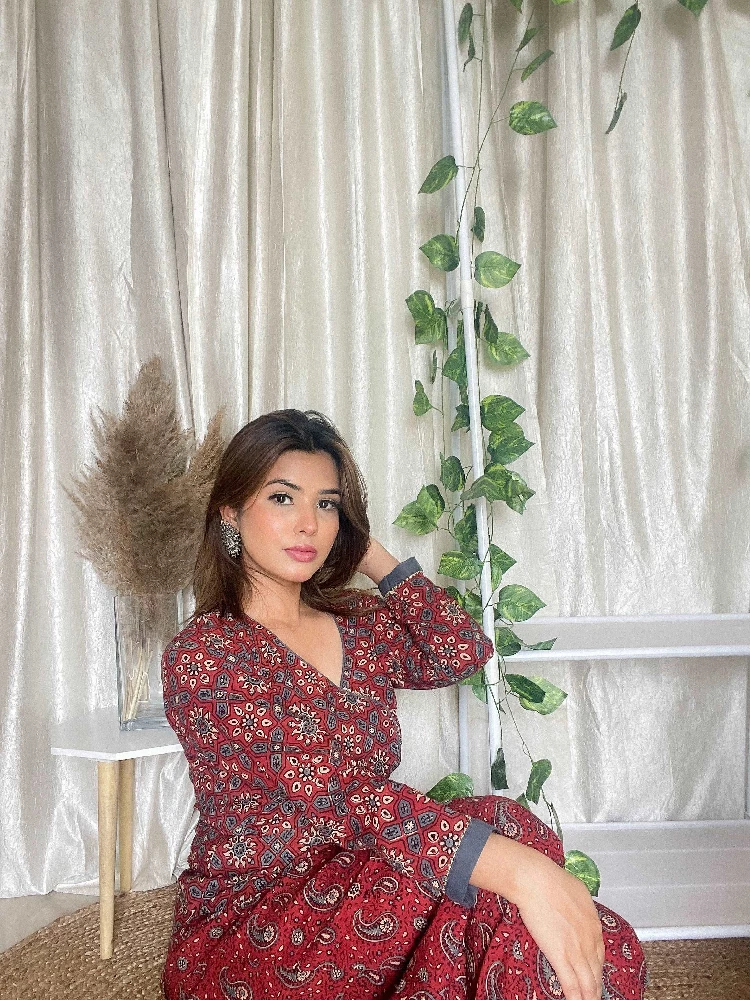 Cotton Ajrakh Hand-Block Printed Red Handloom Kurti Set - Image 3