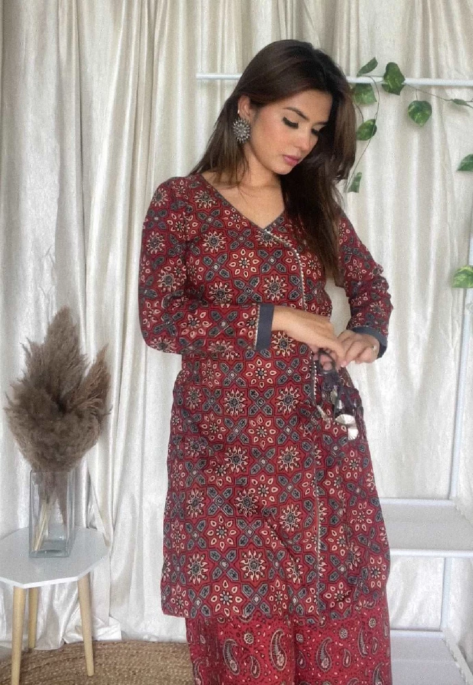 Cotton Ajrakh Hand-Block Printed Red Handloom Kurti Set - Image 5