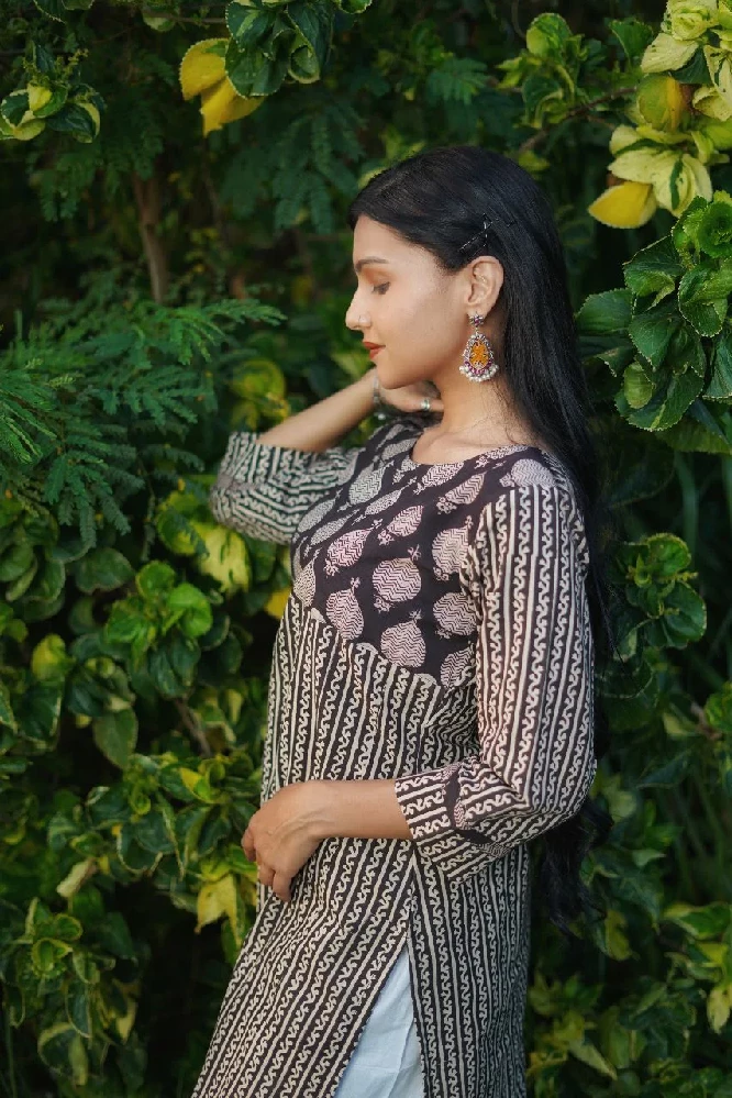Cotton Black Bagru Hand Block-Print Kurti - Image 2