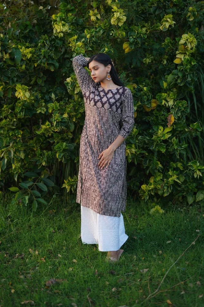 Cotton Black Bagru Hand Block-Print Kurti - Image 3