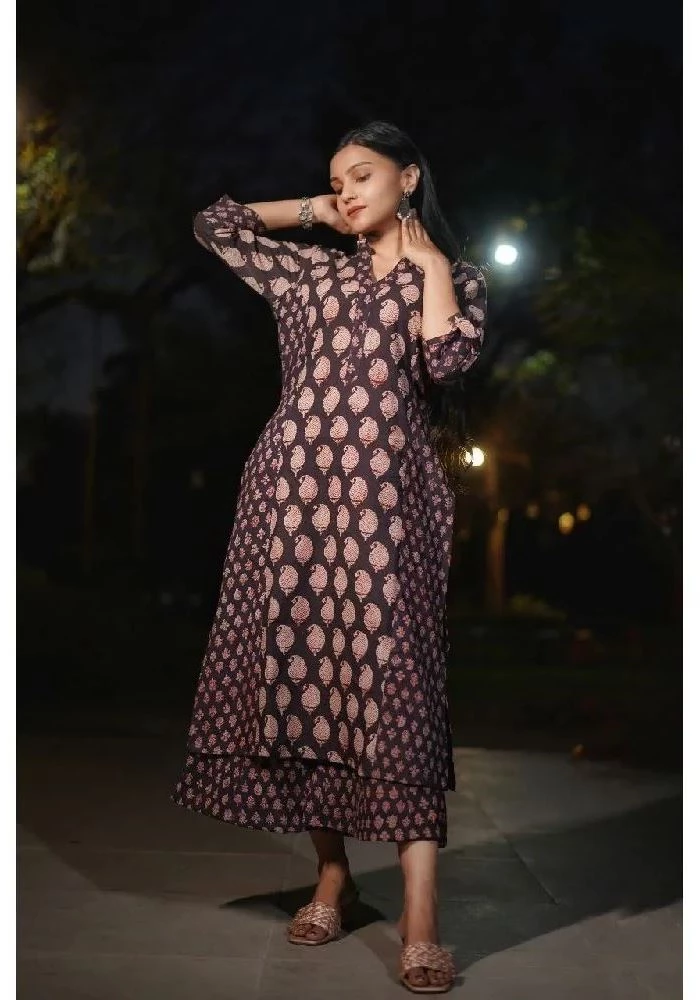 Cotton Black Kurta with Bagru Hand Block-Print - Image 1