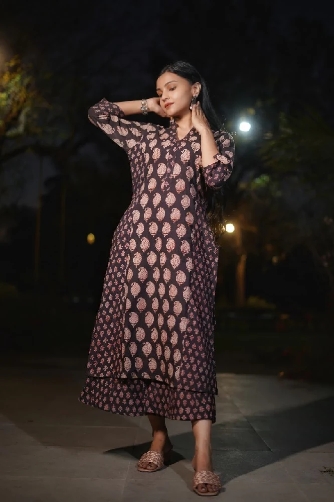Cotton Black Kurta with Bagru Hand Block-Print - Image 5