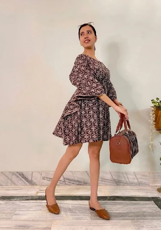 Cotton Black Maxi Dress with White Bagru Hand-Block Print