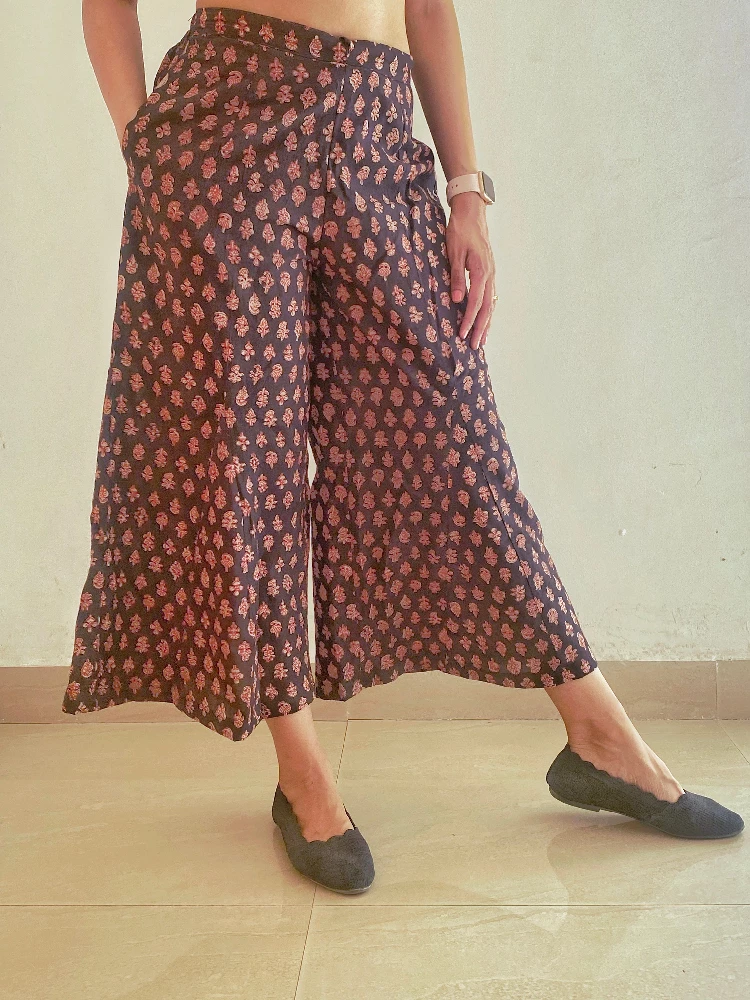 Cotton Black Palazzo with Bagru Hand-Block Print - Image 2