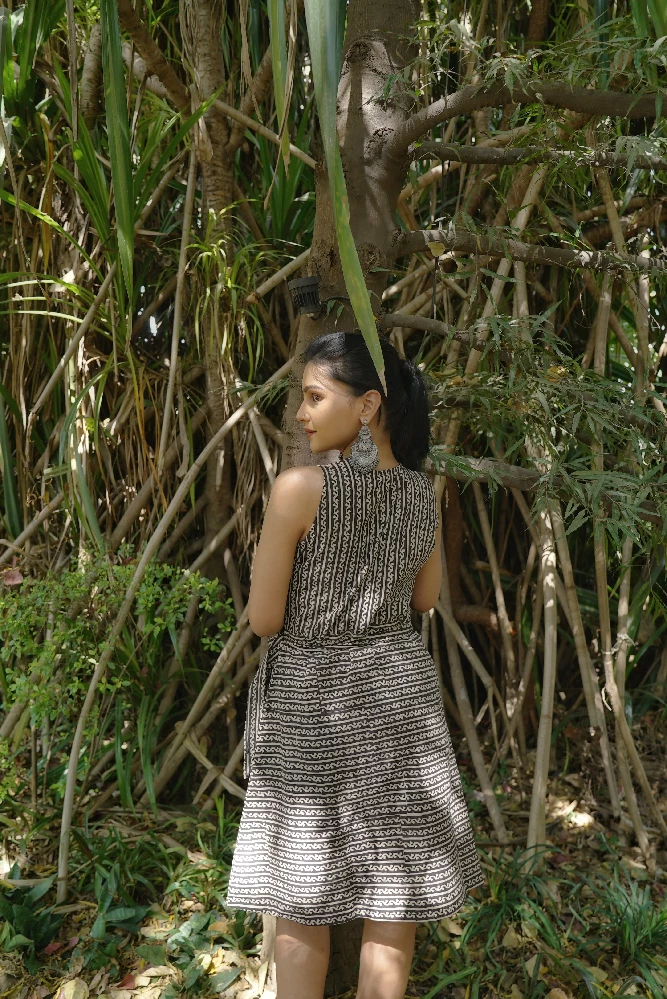 Cotton Black Wrap Dress with Bagru Hand-Block Print - Image 2