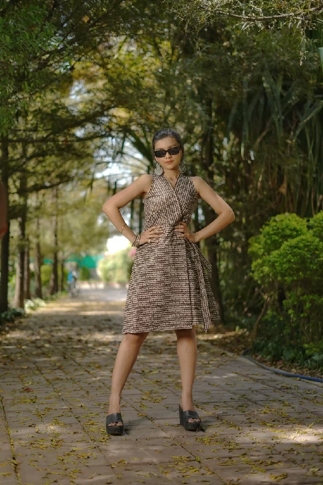 Cotton Black Wrap Dress with Bagru Hand-Block Print - Image 4