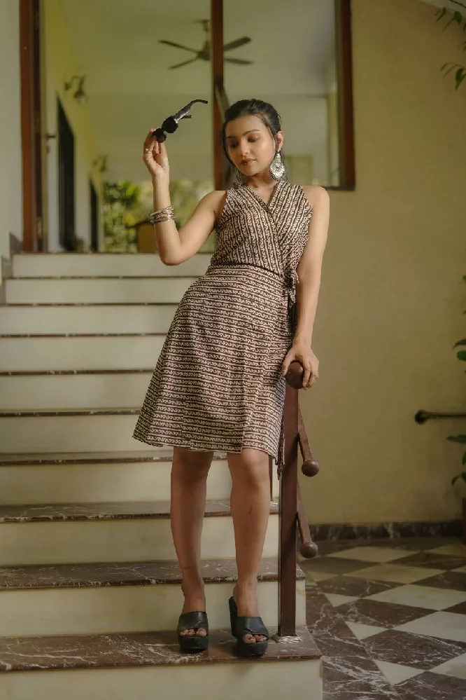 Cotton Black Wrap Dress with Bagru Hand-Block Print - Image 5
