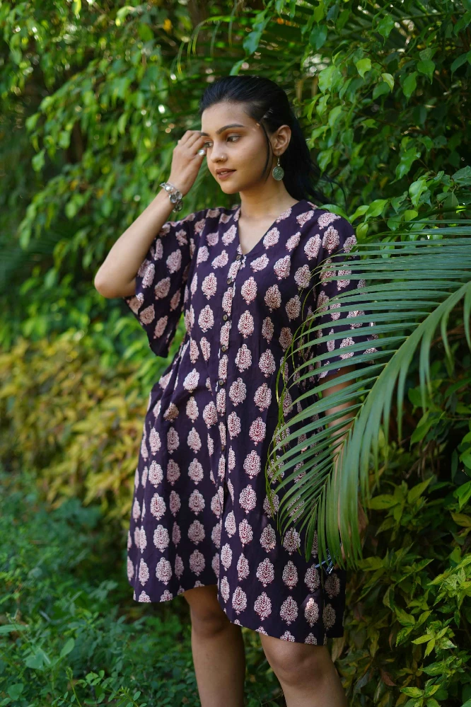Cotton Blue Baggy Dress With Bagh Hand-Block Print - Image 3