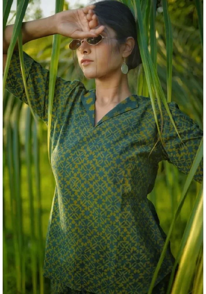 Cotton Green Handloom Kurta with Ajrakh Hand-Block Prints