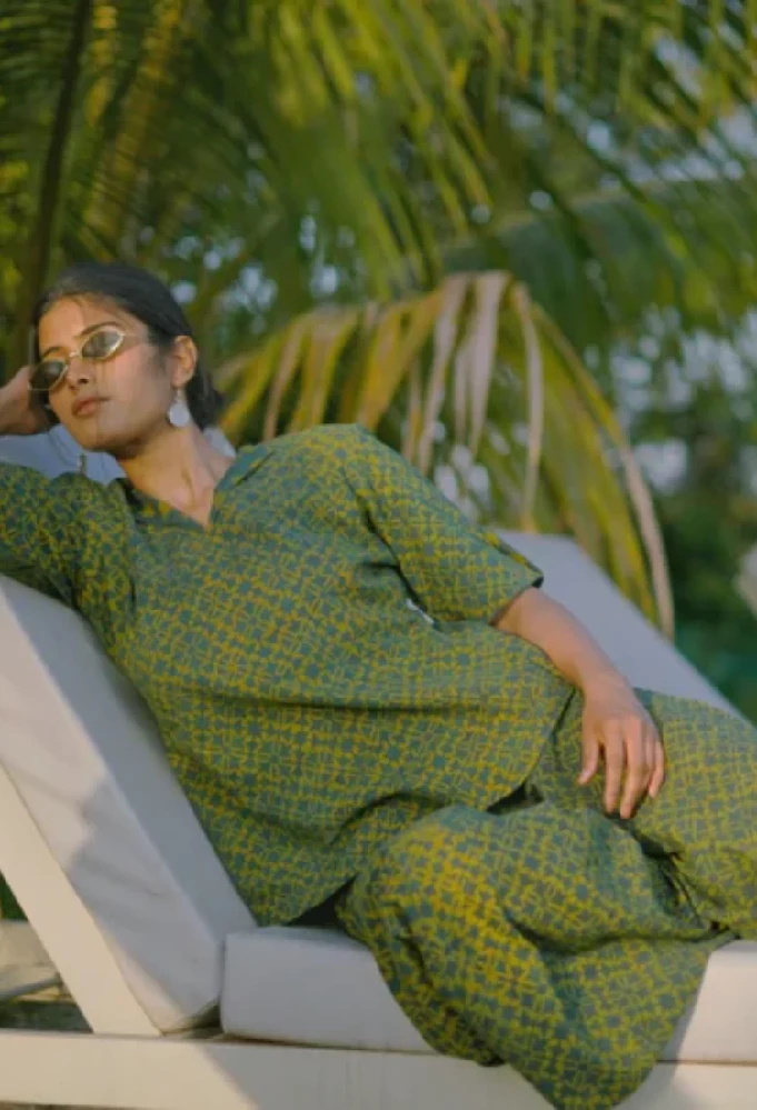 Cotton Green Handloom Kurta with Ajrakh Hand-Block Prints - Image 6